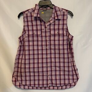 Eddie Bauer Travex Shirt Womens L Purple Plaid Button Up Sleeveless Hiking Mesh‎